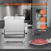 A stainless steel meat mixer is shown on a countertop with a plate of ground meat and garlic next to it. Text overlays highlight the product's features. Náhled obrázku produktu