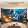 A family is watching a movie projected by a mini projector onto a curved screen showing an astronaut in space. Produktbild-Vorschau