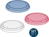 Three round, translucent lids in blue, pink, and clear are arranged in a triangular formation against a white background. A circular badge with the text 'SET OF 3' is visible in the bottom right corner. Anteprima dell’immagine prodotto