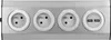 A close-up, front-facing view of a silver power strip with three European-style outlets and two USB ports. Anteprima dell’immagine prodotto