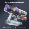 A cordless vacuum cleaner shown in a transparent, cutaway view, highlighting its internal components and battery. Produktbild-Vorschau