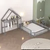 A child's bedroom with a grey wooden bed frame and a matching wardrobe/storage unit. Náhľad obrázku produktu