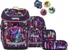 A set of school bags and accessories with a colorful jungle-themed pattern. Produktbild-Vorschau