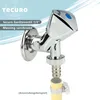 A close-up studio shot of a chrome-plated water valve with a blue indicator, attached to a yellow pipe with a clamp. Produktbild-Vorschau