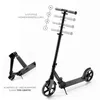 A black scooter is shown with diagrams illustrating its adjustable handlebar height and close-up of the grips. Produktbild-Vorschau