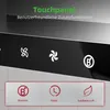 A close-up view of a touch panel with icons and text describing features of a kitchen appliance, likely a range hood. Produktbild-Vorschau
