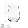 A clear product shot of a stemless wine glass with dimensions and capacity indicated by text and graphics. Produktbild-Vorschau