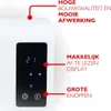 Close-up of a white electronic device with a black digital display and control buttons, featuring Dutch marketing text highlighting its features. Náhled obrázku produktu