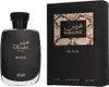 A black perfume bottle and its black packaging box are displayed side-by-side against a black background. Anteprima dell’immagine prodotto