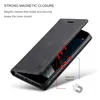 A black flip-style phone case is shown open, revealing a smartphone screen. Red arrows indicate magnetic closure points. Produktbild-Vorschau