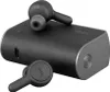 A pair of black wireless earbuds and their charging case are displayed against a light gray background. Produktbild-Vorschau