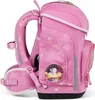 A pink backpack with white stars and a circular image of a cat on it, shown from the side. Produktbild-Vorschau