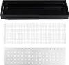 Three parts of a camping grill are shown laid out against a white background. The top part is a black rectangular tray. Below it is a silver wire grill rack. The bottom part is a silver metal plate with many circular holes. Náhľad obrázku produktu