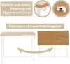 A foldable desk shown in its open and folded states, with text highlighting its features. Produktbild-Vorschau