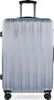 A silver-grey hard case trolley suitcase is shown from the front.