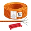 A spool of orange network cable, a close-up of the cable's internal wires, and a red cable stripping tool. Produktbild-Vorschau