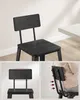 A black counter stool is shown from different angles, with close-ups highlighting its features. In one inset, a person is sitting on the stool, showing how the backrest curves. Náhled obrázku produktu