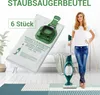 A woman stands in a living room holding a vacuum cleaner, with a vacuum cleaner bag prominently displayed in the foreground. Produktbild-Vorschau