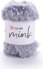 A roll of grey, fuzzy yarn with a white label. Produktbild-Vorschau