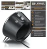 A black Brandson ceramic heater is shown with various feature callouts and room suitability graphics. Produktbild-Vorschau