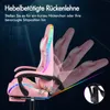 A pink gaming chair with LED lights is shown in various reclining positions, with text overlay describing its features. Produktbild-Vorschau