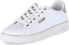 A white Guess sneaker with gold accents is shown against a white background. Produktbild-Vorschau