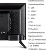 The back of a television is shown with a list of its ports and features. The television is on a stand. Produktbild-Vorschau