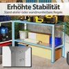 A metal shelving unit with various items stored on its shelves, including boxes, containers, and tools. A close-up inset shows the corner of a wall-mounted safe. Voir les images du produit