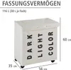 A beige laundry basket with three compartments labeled 'DARK', 'LIGHT', and 'COLOR', shown with dimensions indicated. Produktbild-Vorschau