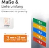 The image displays information about the dimensions and quantity of the product, along with examples of the product in different colors. Produktbild-Vorschau