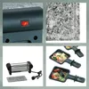 A collage of four images showing different aspects of a raclette grill and its accessories, including a close-up of the power switch, a sample of the granite stone surface, the grill itself with a stone plate, and individual raclette pans filled with food. Podgląd zdjęcia produktu