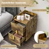 A bedside table next to a bed, with text overlays highlighting its features. Podgląd zdjęcia produktu