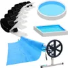 A collage of pool accessories including a solar cover reel, a solar cover, and pool covers. Náhľad obrázku produktu