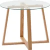 A round glass-top table with a wooden base. Anteprima dell’immagine prodotto