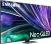 A Samsung Neo QLED TV is shown from a slight angle, displaying a colorful abstract image on its screen. Produktbild-Vorschau