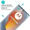 A close-up marketing image showing a screen protector being applied to a Motorola smartphone. Produktbild-Vorschau