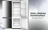 An open refrigerator-freezer combination with its doors open, showcasing the interior shelves and drawers. Text overlays provide product information. Produktbild-Vorschau
