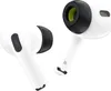 Two white earbuds with black and green accents are shown against a white background. Voir les images du produit