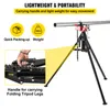 A pipe vise on a tripod stand, with callouts highlighting its portability and weight. Voir les images du produit