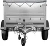 Rear view of a silver utility trailer with a gray tarp on a white background. Produktbild-Vorschau