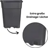 A close-up view of a black plastic plant pot, highlighting its drainage holes, with text indicating 'Extra große Drainage-Löcher'. Produktbild-Vorschau