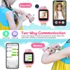 A collage of images showcasing a pink smartwatch for children, demonstrating its video call, voice chat, and messaging features, with a child wearing the watch and a smartphone displaying messages. Produktbild-Vorschau