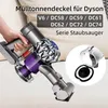 A hand holding a Dyson vacuum cleaner with a pillow in the background and a close-up of a vacuum cleaner part in a circle. Produktbild-Vorschau