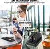 A split image showing a woman using a smartphone at a cafe on the left, and a set of restaurant pagers on a charging base on the right. Anteprima dell’immagine prodotto