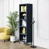 A dark blue bookshelf stands next to a yellow armchair and a tall potted plant in a well-lit room with white paneled walls. Anteprima dell’immagine prodotto