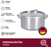 A stainless steel pot with a lid, surrounded by feature callouts and a German flag emblem. Produktbild-Vorschau