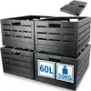 Four black plastic crates are stacked and arranged in a group, with two white square labels on the front of the bottom-left crate. A small black pallet is shown in the top right corner. Produktbild-Vorschau