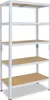 A white metal shelving unit with five wooden shelves against a white background. Voir les images du produit