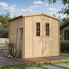 A wooden garden shed with tools and boots in front of it, set in a garden. Podgląd zdjęcia produktu