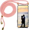A pink lanyard phone case with a transparent back is shown with a couple's silhouette on the phone screen. Produktbild-Vorschau